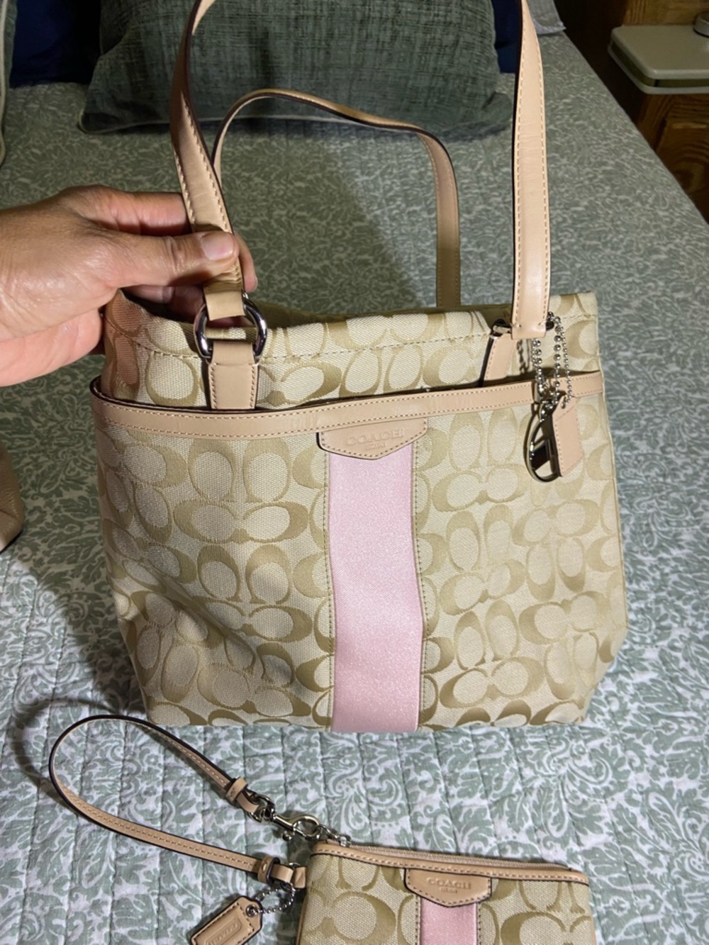 Coach Beige Signature Canvas Tote with Pink Center Stripe and Wristlet - Picture 2 of 7